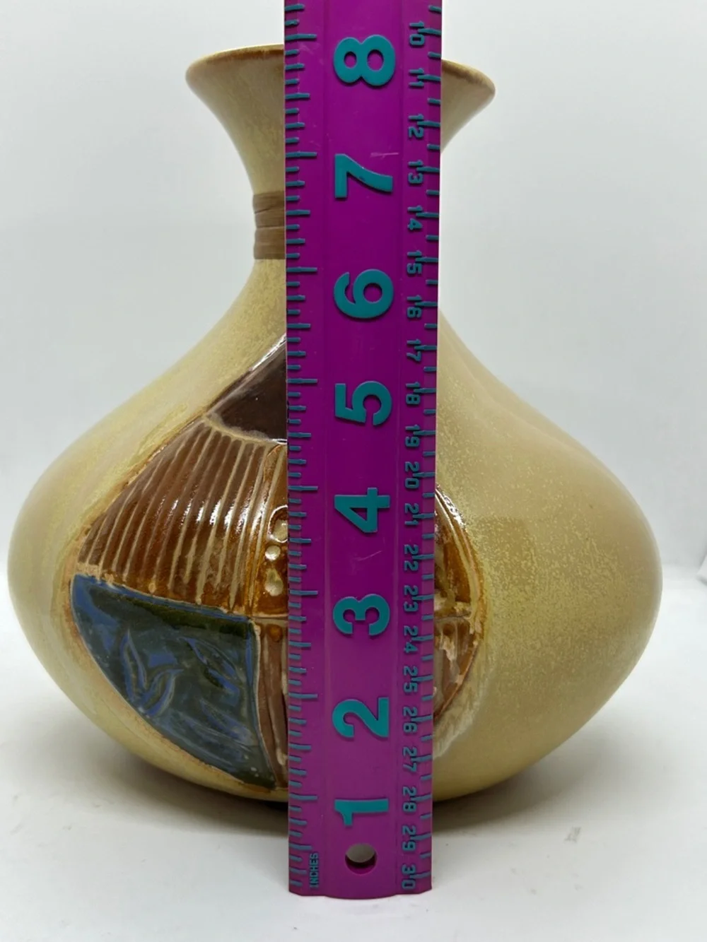 Vase Beige W/blue & Brown Flowers & Stripes Artwork On 2 Sides Unknown Origin